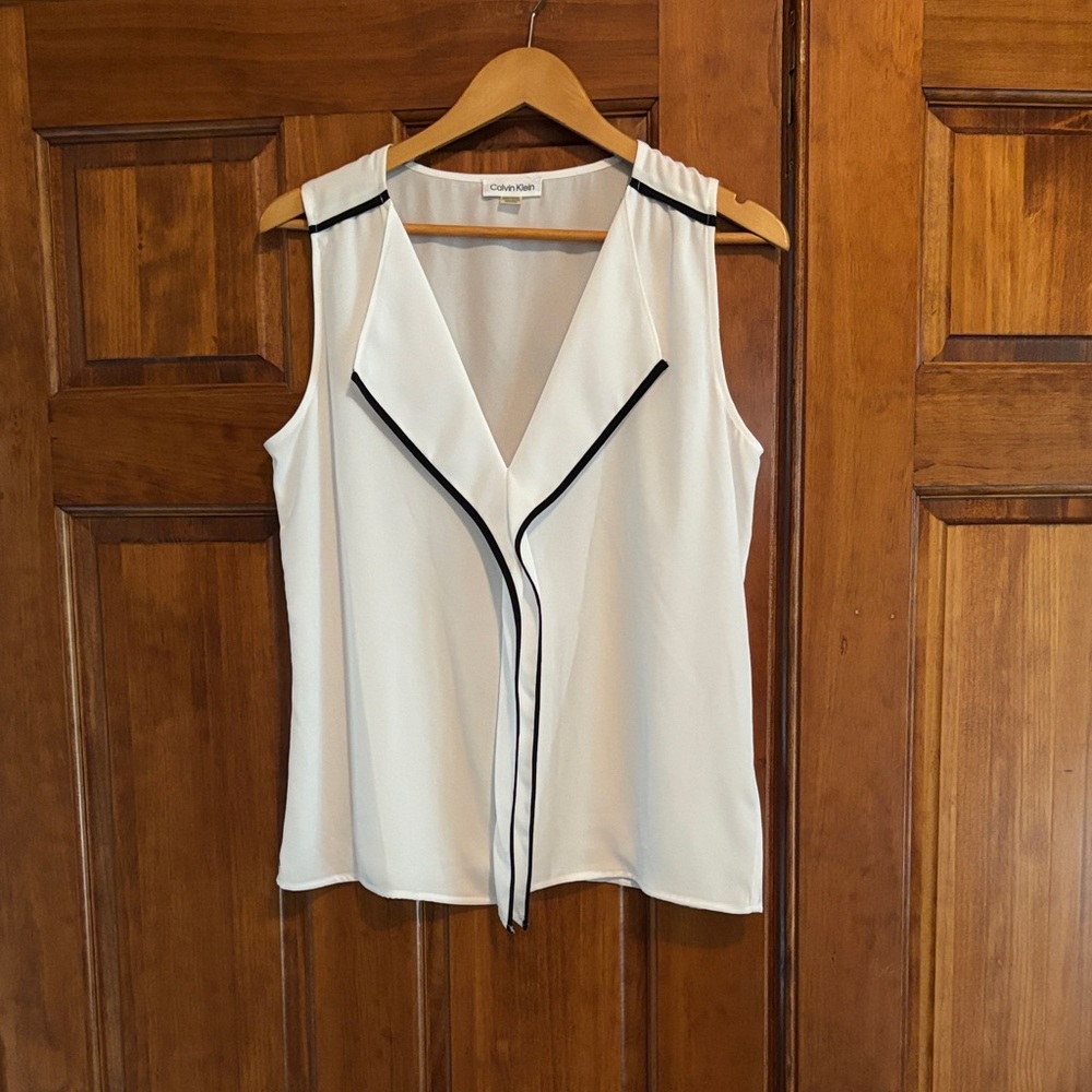 Calvin Klein White Sleeveless Blouse with Black Trim
